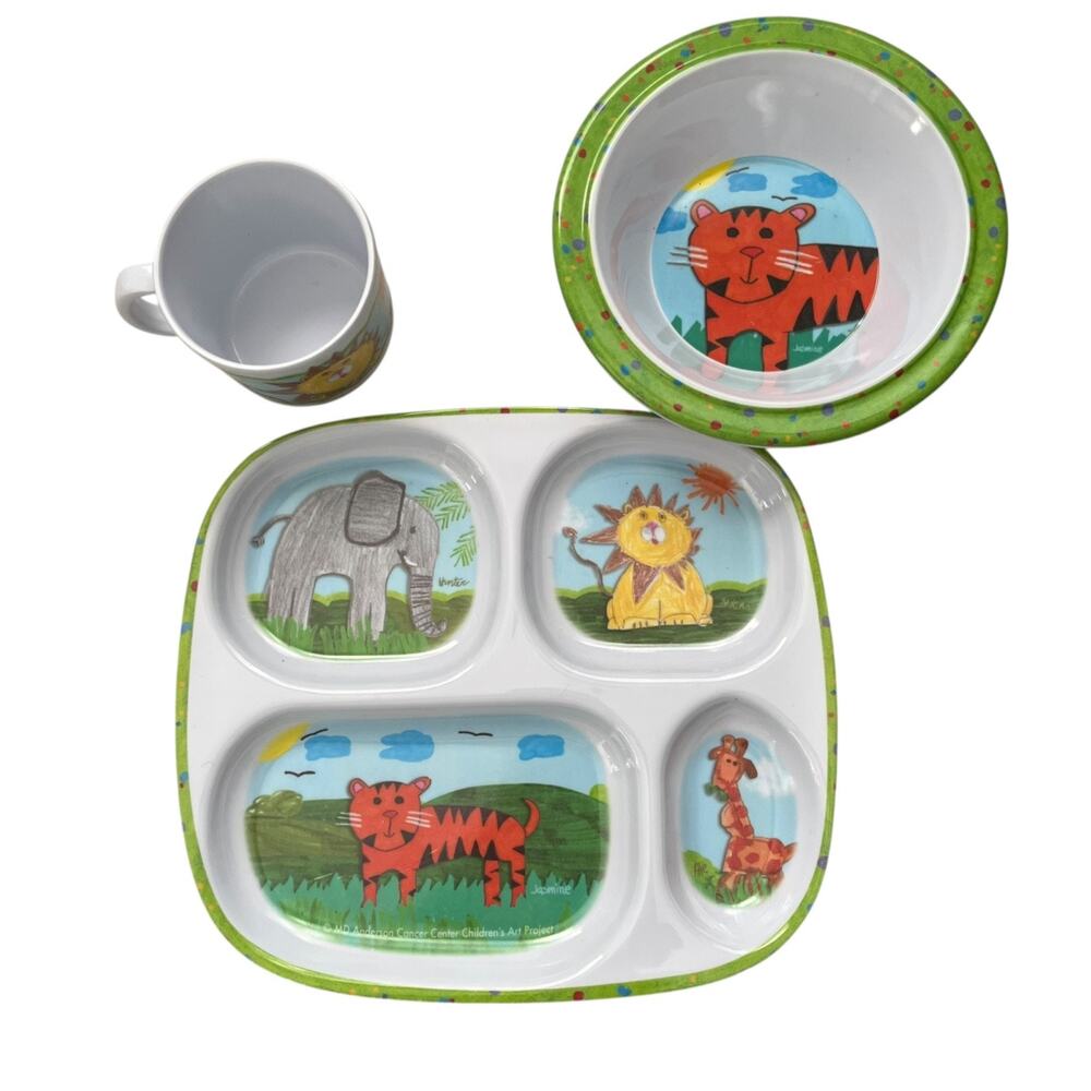 Merritt Children Plate Bowl Cup Dinnerware 3-pc Set 100% Melamine Jungle Animals